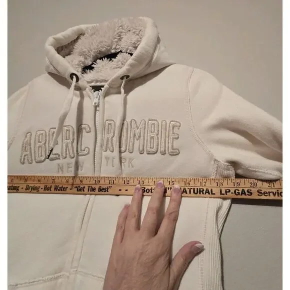 Vtg 90s Y2K Abercrombie Fitch NY AHoodie Womens L Ivory Sherpa Lined Patch Logo